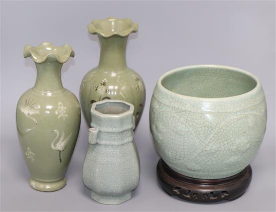 A Chinese celadon crackle glaze bowl and vase and two Korean celadon vases tallest 28cm